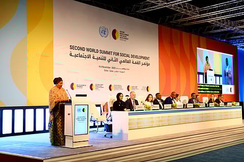 United Nations Deputy Secretary-General Amina Mohammed speaking at the World Social Summit in Doha.