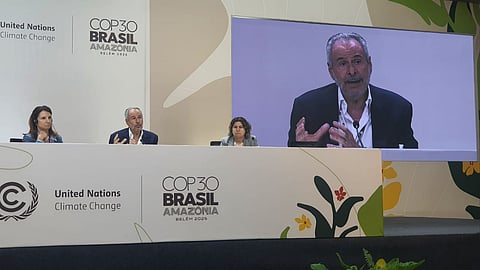 COP30 President André Corrêa do Lago (centre) addressing a press conference on November 15, 2025.