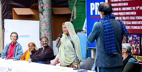 Kamla Devi, a widow from Beawar in Rajasthan, speaking at a press conference on December 17, 2025. 