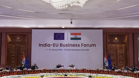 President of the EU Commission Ursula von der Leyen and Prime Minister Modi at the India-EU Business Forum in Delhi.