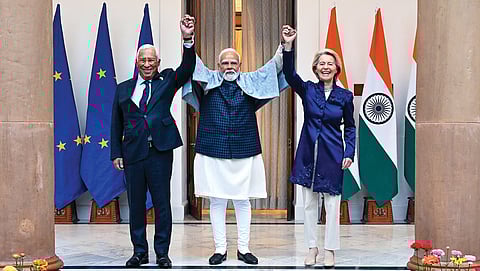 Indian Prime Minister Narendra Modi with European Council President António Costa (left) and European Commission President Ursula von der Leyen during the 16th India-EU Summit in New Delhi, where the leaders announced the India-EU free trade agreement