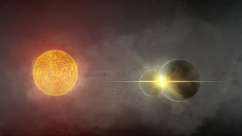 Lead author Anastasios Tzanidakis’ rendering of the planetary collision he suspects occurred around star Gaia20ehk in 2021.