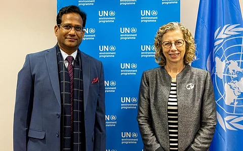 UNEP Executive Director Inger Andersen meets with Naresh Pal Gangwar, India's Additional Secretary, Minister of Environment, Forest & Climate Change at INC4. Photo: @andersen_inger / X (Formerly twitter)