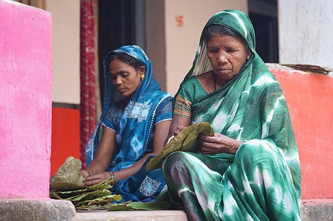 जबर्रा गांव में माहुल के पत्तों का काम करतीं आदिवासी महिलाएं, फोटो : पुरुषोत्तम ठाकुर