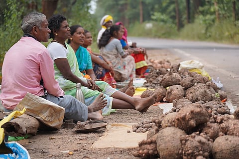 ग्रामीण सड़क पर लघु वनोपज की बिक्री करते हुए 