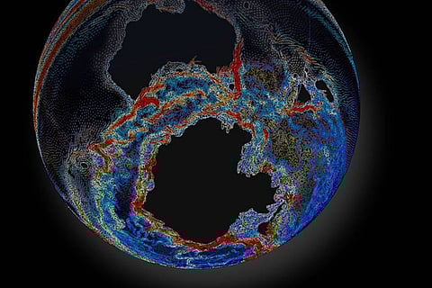 अंटार्कटिक सर्कम्पोलर करंट का मॉडल सिमुलेशन, जिसका निर्माण लगभग 3.4 करोड़ साल पहले शुरू हुआ था।