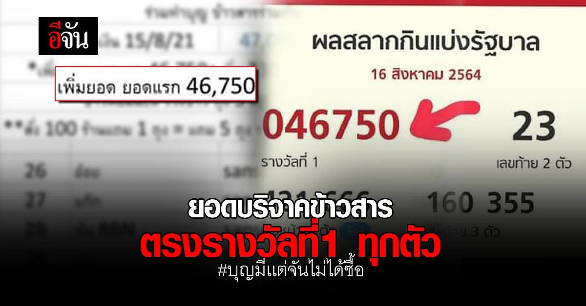 บุญหนุนนำจริงๆ ยอดบริจาคข้าวสารสังคมอีจัน ยอดตรงเลขรางวัลที่ 1