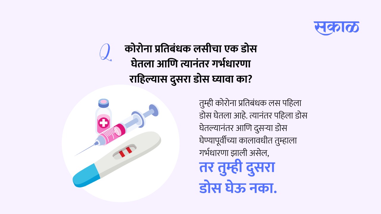 तुम्ही कोरोना प्रतिबंधक लस पहिला डोस घेतला आहे. त्यानंतर पहिला डोस घेतल्यानंतर आणि दुसऱ्या डोस घेण्यापूर्वीच्या कालावधीत तुम्हाला गर्भधारणा झाली असेल, तर तुम्ही दुसरा डोस घेऊ नका.