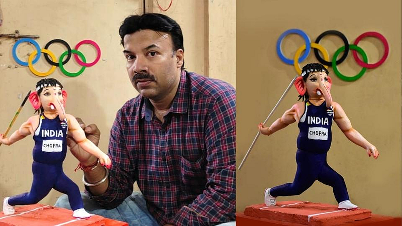 गोल्डनबॉय 'नीरज'च्या रुपात बाप्पा; अनोख्या मूर्तीची पंचक्रोशीत चर्चा