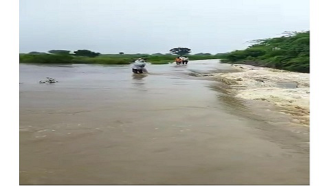 मदनसुरी (ता.निलंगा) : ओढ्याच्या पुलावरून पाणी वाहत आहे.