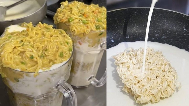 मॅगी मिल्कशेक (Maggi Milkshake)
2021 मध्ये ज्या पदार्थांना विचित्र ट्विस्ट दिला तो मॅगी होता आणि सर्वात धक्कादायक म्हणजे एका व्यक्तीने मॅगीचा मिल्कशेक तयार केला आहे. मयुर शेजपाल नावाच्या अकाऊंटवरून याबाबत ट्विट केले आहे, त्यात लिहले आहे आहे की, कोणीतरी मुर्ख व्यक्तीने मला हे शेअर केले.....मॅगी मिल्कशेक...जिंदा पकडना है बनाने वाले को!''
