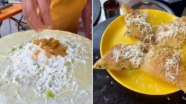 ड्राय फ्रुट आणि चिज डोसा (Dry fruit and cheese dosa)
ड्राय फ्रुट आणि चिज डोसाचा व्हिडिओ युट्युबर हॅरी उप्पल याने पोस्ट केला आहे. व्हिडिओनुसार एक विक्रेता आधी डोश्याची पीठ तव्यावर पसरवतो त्यावर बटर टाकतो. त्यानंतर त्यावर चिरलेले कांदा, शिमला मिर्ची, कोबी आणि खोबऱ्याची चटणी टाकतो. त्यानंतर तो त्यावर खिसरलेले पनीर, काजू , मनुका आणि गरम मसाला देखील अॅड करतो. त्यांनतर सर्व मिक्स करतो आणि डोश्यावर पसरवतो आणि कोथींबीर, चेरी आणि चिज टाकून सजवतो.