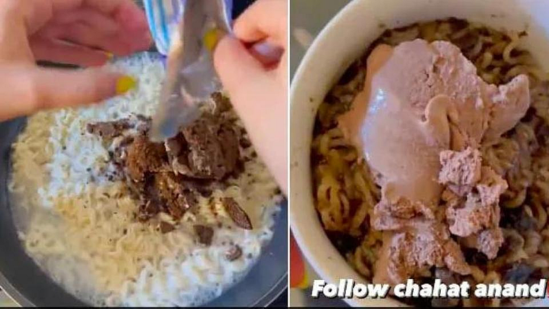 चॉकलेट मॅगी ( Chocolate Maggi)
दिल्लीतील एका फुड ब्लॉगर चाहत आनंद क्रिएटेड याने एक वेगळ्या कॉम्बिनेशनची डिश चा व्हिडिओ शेअर केला आहे. व्हिडिओ चॉकलेट मॅगीचा आहे. व्हिडिओमध्ये मॅगी वर आईसक्रिम पसरविल्याचे दिसत आहे. हा व्हिडिओ देखील पोस्ट केल्यानंतर अल्पावधीत व्हायरल झाला होता. व्हिडिओम क्लिपमध्ये दिसत आहे की विक्रेता मॅगी पॅकेटमधील मॅगी उकळत्या पाण्यात टाकतो आणि मॅगी मसाल्या ऐवजी की ओरिओ बिस्किटाचा भुगा टाकला आणि तयार मॅगीवर चॉकलेट आईसक्रिमचा ठेवले आहे.