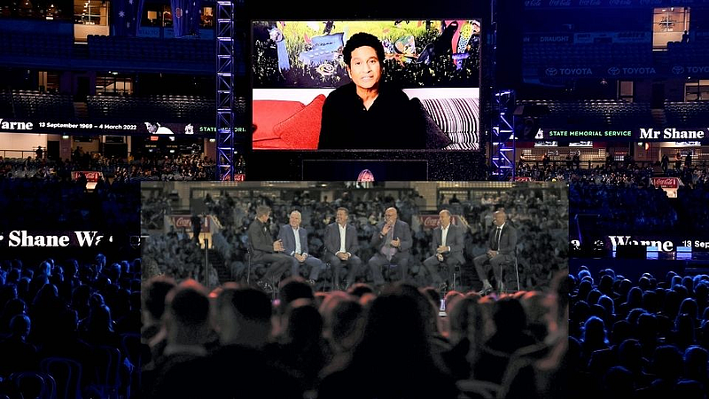 Sachin Tendulkar speaks during the state memorial service for the former Australian cricketer Shane Warne