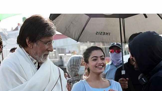 Amitabh bahchan with rashmika mandana at'Goodbye' Movie set.