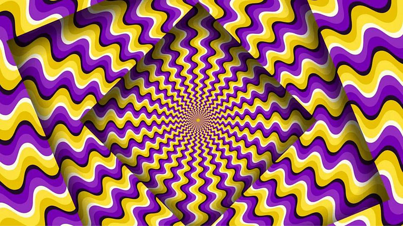The spinning vortex
यातील रंगीत पट्ट्या हलताना दिसतात. परंतु, त्या स्थिर आहेत. हे फिजियोलॉजिकल ऑप्टिकल इल्युजन म्हणून ओळखले जाणारे उदाहरण आहे. हे मेंदूच्या संवेदनांच्या अतिउत्तेजनामुळे होते. परिणामी डोळ्यांना खूप रंग, अति प्रकाश आणि हालचाल दिसते.