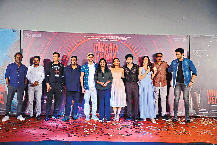 Actor Hrithik Roshan and his co-stars during the screening of the song of the upcoming film Vikram Vedha at mumbai