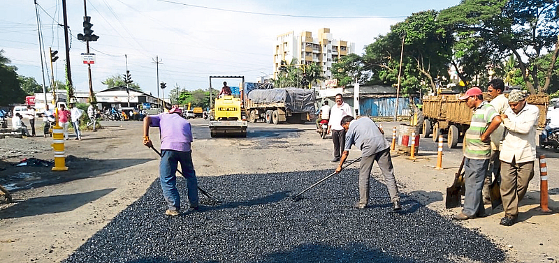 Road widening and repair work in progress near Hotel Mirchi.