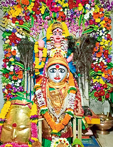 कान्हूर येथील मेसाईच्या
मंदिरात फुलांची सजावट