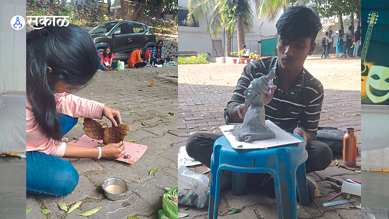 Students engrossed in creating sculptures during the sculpture competition at the 'Sakal-Yin' art festival at MSW College of MVIPR on Gangapur Road on Friday.