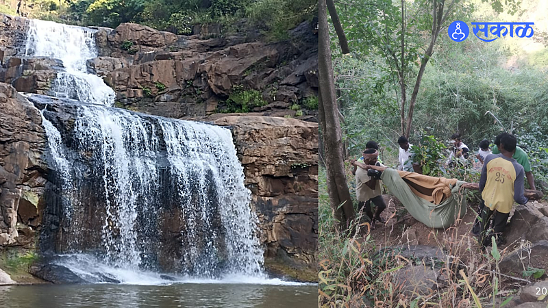 Villagers of Pimpalsond taking out the body from the bag from the one and a half thousand feet deep valley of Pimpalsond Tatapani Sakhalchond waterfall.