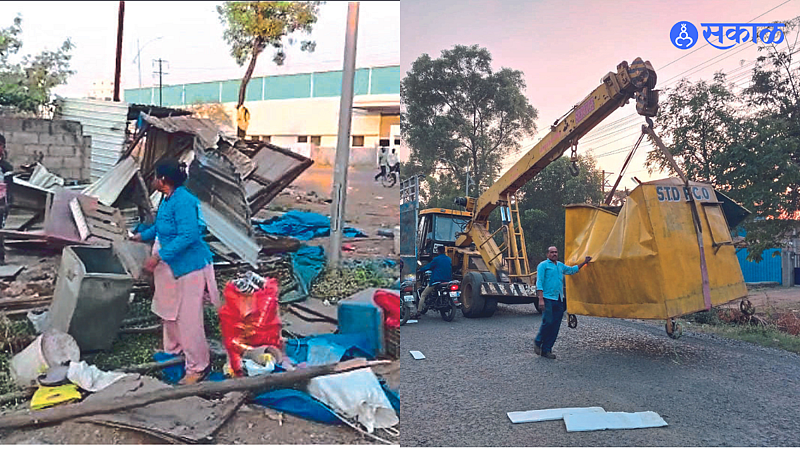 Officer class and staff while taking action against encroachment holders in Malegaon Industrial Estate. In the second picture, the workers are lifting tapri with the help of JCB