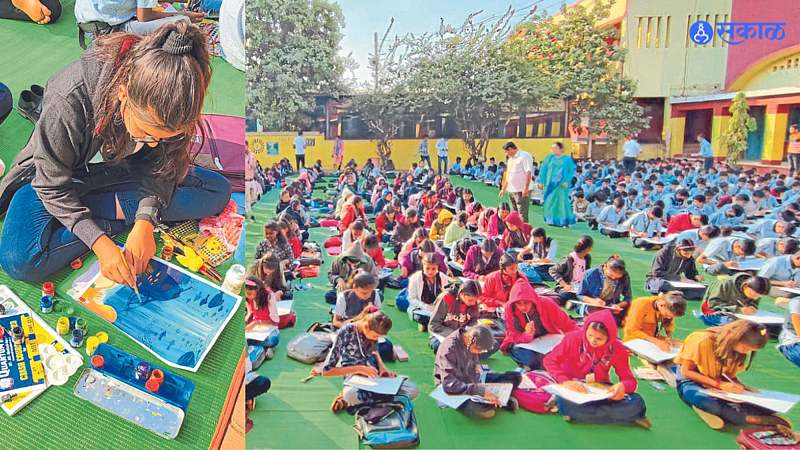 students doing drawing at sakal drawing competition