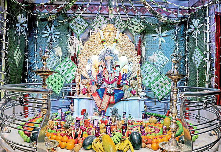 On the occasion of Maghi Ganesha Jayanti, the silver Ganapati temple has a grand arrangement of fruits.