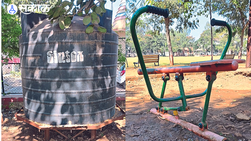 The disrepair of the toys in Sant Gadge Maharaj Udyan and the dilapidated water tank in the second photo.