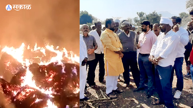 MLA Dilip Borse, Tehsildar Jitendra Ingle-Patil, Lalchand Sonwane etc. while discussing with the farmers at the place where the maize stack was set on fire by an unknown person.