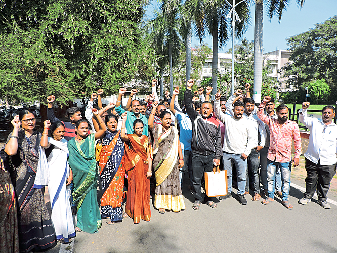 Civilian contract employees agitating for various demands.