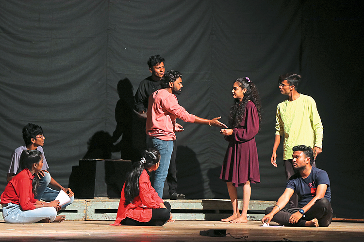 Actors from Jalgaon performing scenes from the play 'Jugaad' at the drama festival of the Labor Welfare Board.