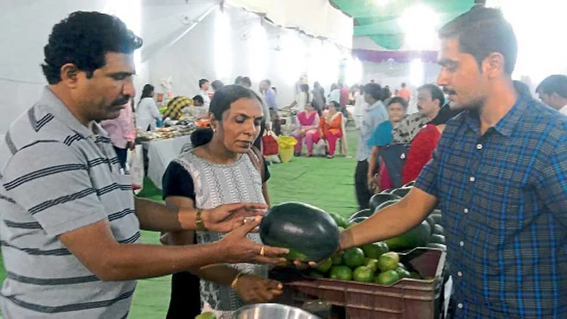 अभिषेक इंगोले नागपूर येथील धान्य महोत्सवात कलिंगडाची ग्राहकांना विक्री करताना.