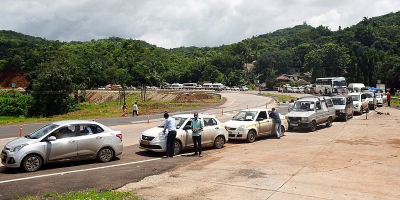 Long queues of vehicles at the check post in Konkan