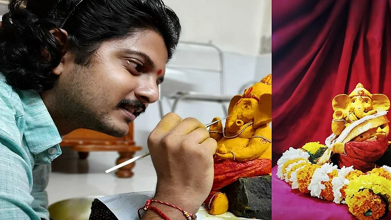 माणगाव येथील दीड दिवसाचा घरगुती पिठाचा गणराय साकारताना डॉ. रोहित रमेश प्रभू.