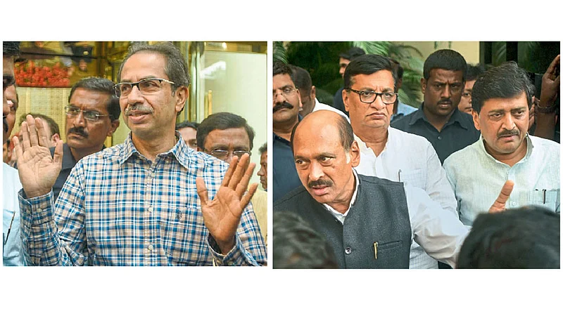 मुंबई - काँग्रेस नेत्यांशी चर्चा आटोपून बुधवारी पंचतारांकित हॉटेलातून बाहेर पडताना शिवसेना पक्षप्रमुख उद्धव ठाकरे. (शेजारील छायाचित्रात)काँग्रेसनेते माणिकराव ठाकरे, बाळासाहेब थोरात आणि अशोक चव्हाण.