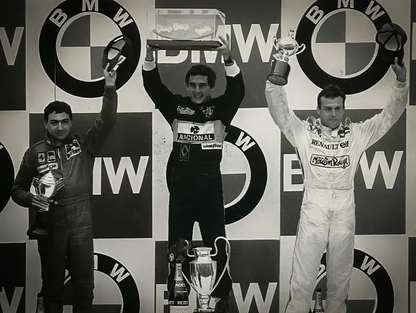 The Estoril GP 1985 podium (L-R): Michele Alboreto, Ayrton Senna,
Patrick Tambay