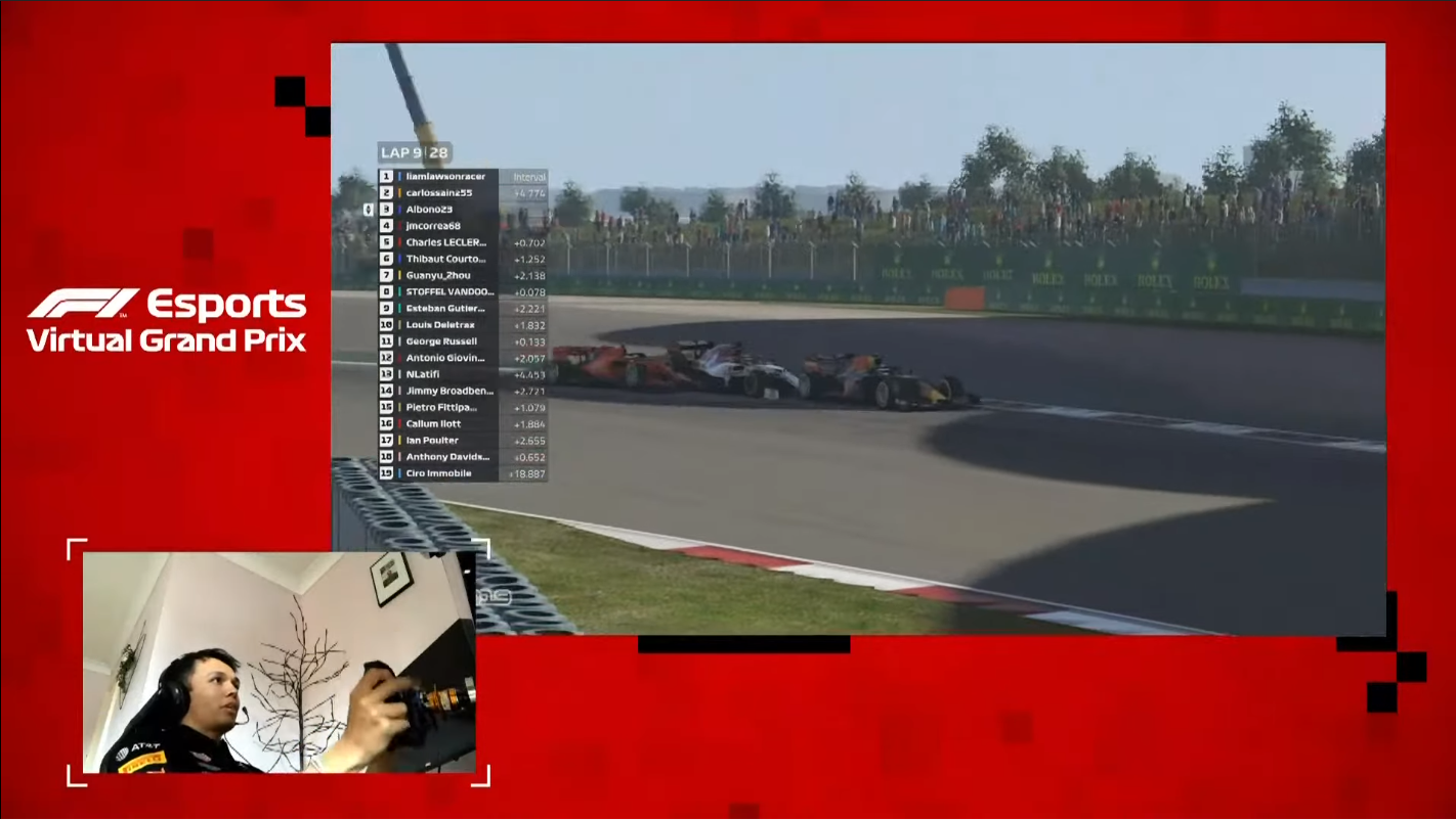 Contact between Charles Leclerc and Juan Manuel Correa during race three of the F1 Virtual GP at Shanghai