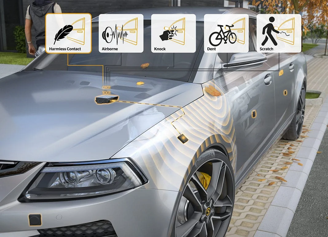 A system that picks up the sound signal of a low-speed impact so that the car can be brought to an immediate emergency stop.