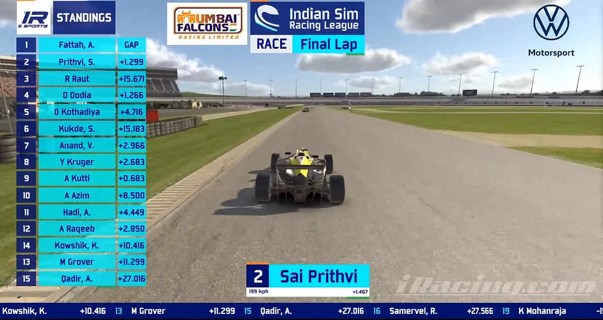 Sai Prithvi at 1.299 seconds behind Abdul Fattah in the final lap of race two