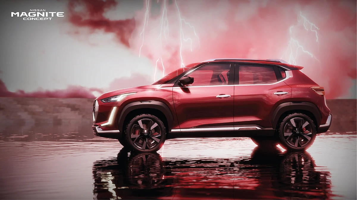 The plastic cladding around the arches, exaggerated haunches and the blacked-out roof make the Magnite look very sleek
