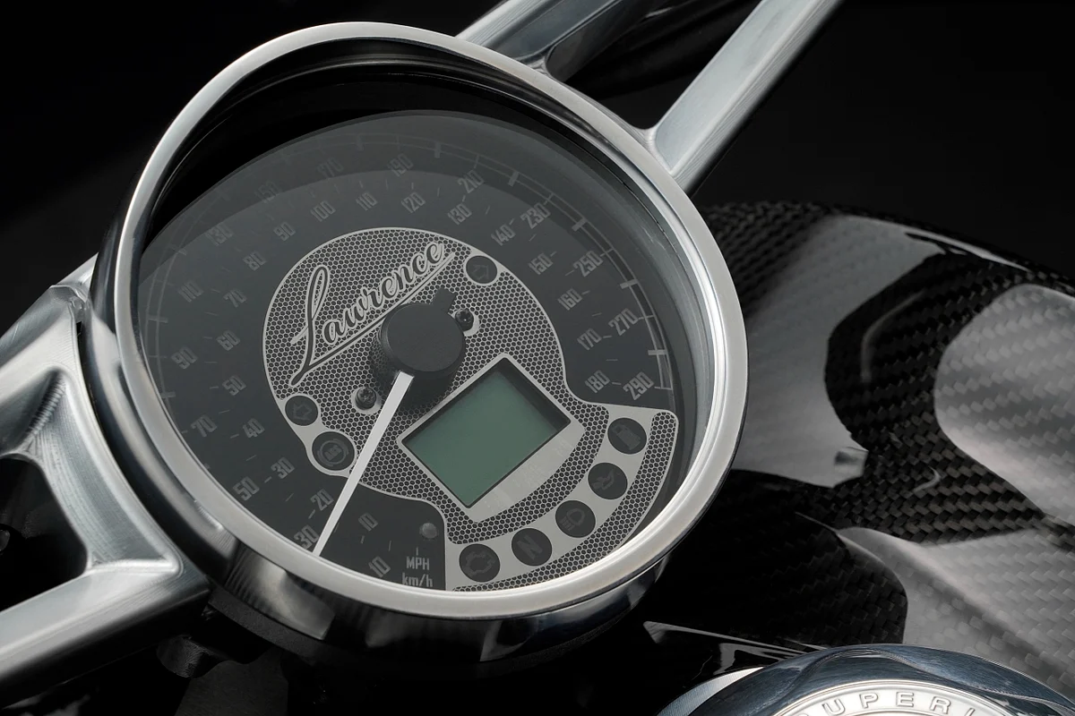 Semi-digital guage takes pride of place on the Lawrence's one-piece machined aluminium handlebar