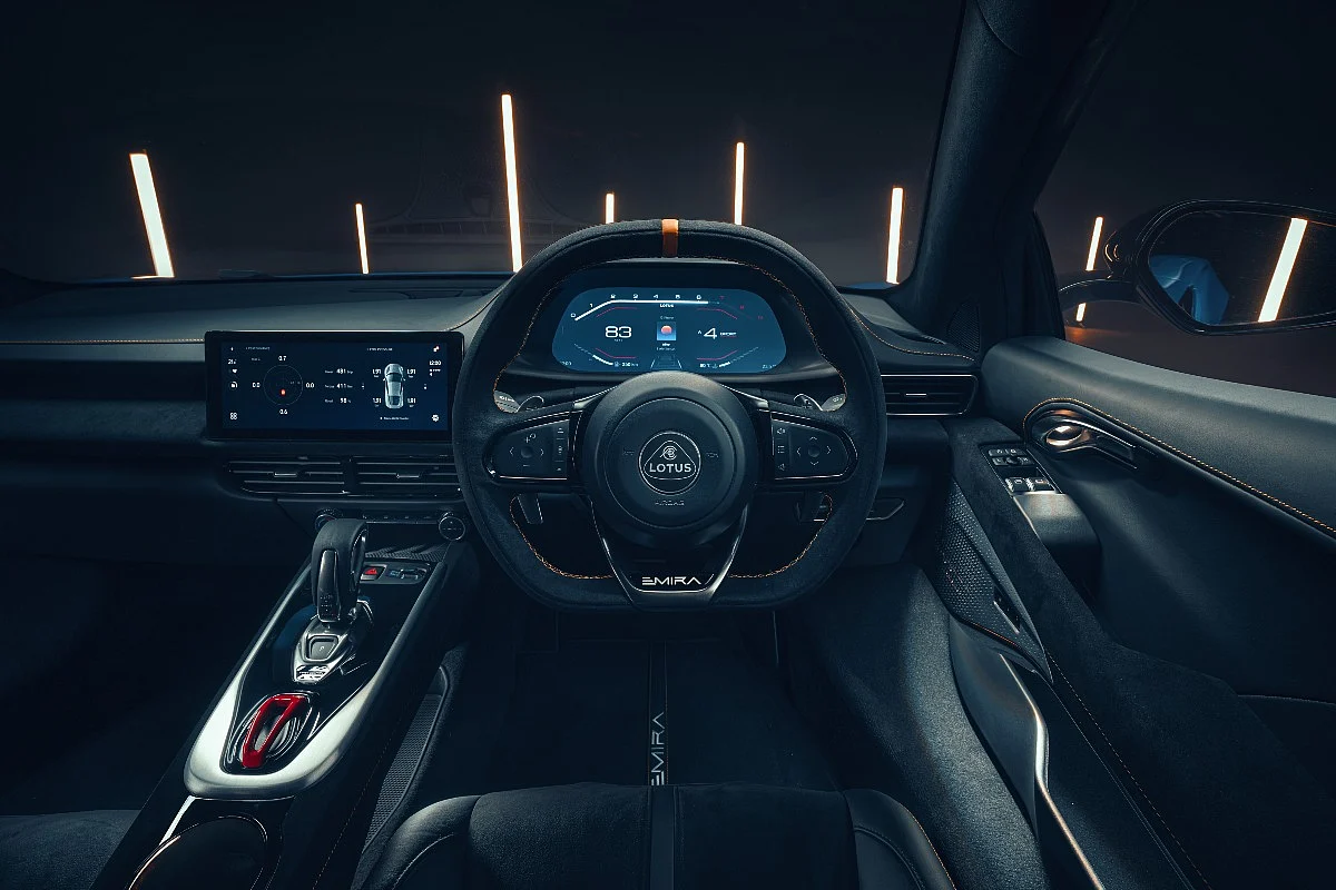 12.3-inch TFT instrument cluster and 10.25-inch touchscreen infotainment system on the Emira