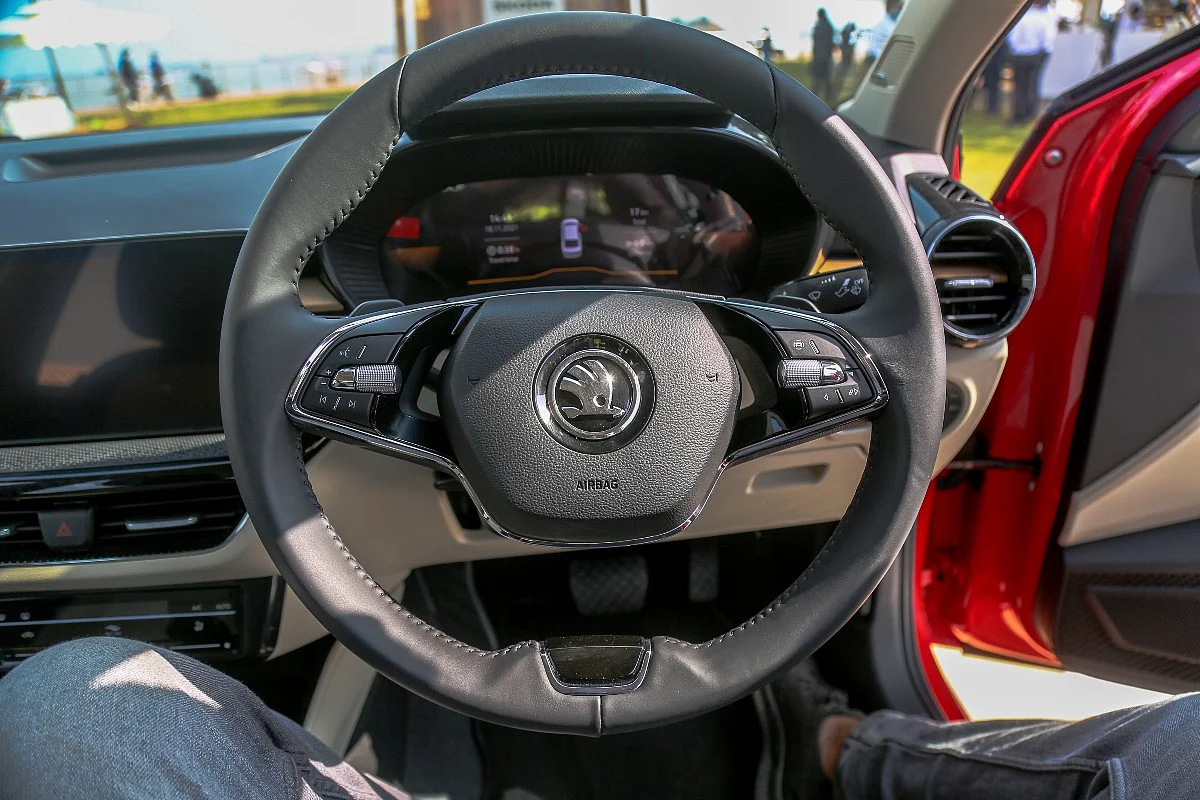 The two-spoke leather wrapped steering wheel is the same as offered on most Skoda models