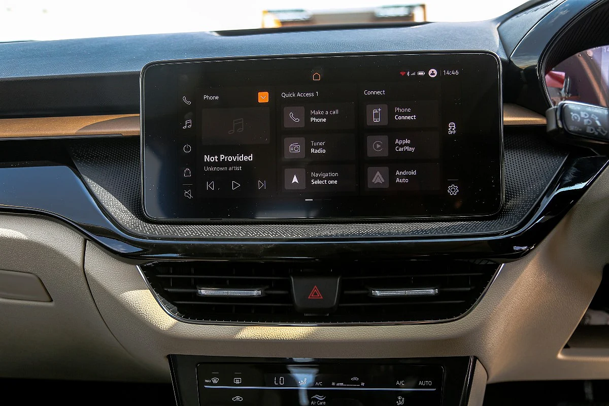 The 10-inch infotainment system is a touchscreen unit equipped with Apple CarPlay and Android Auto
