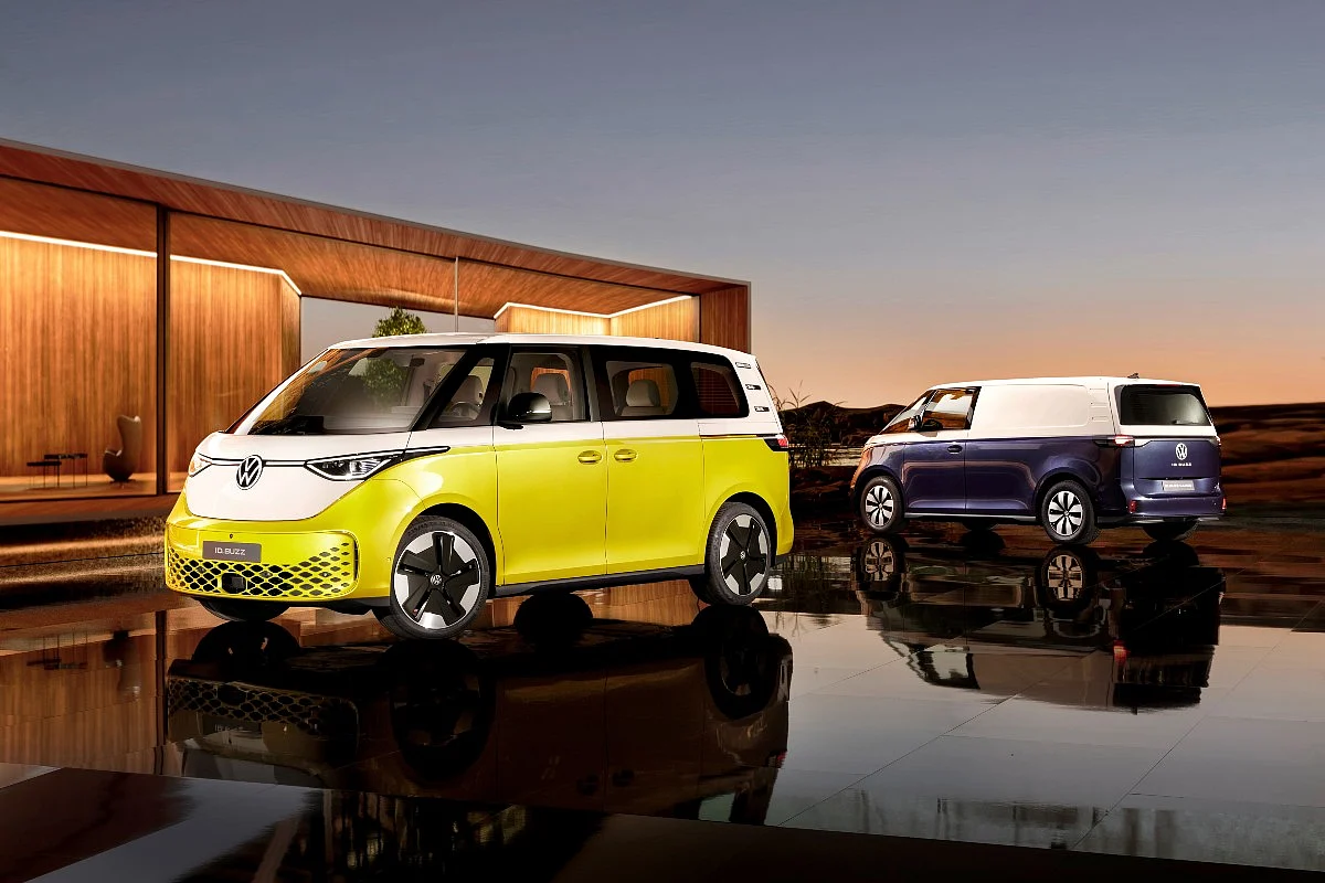 The Volkswagen ID. Buzz will be offered as a passenger and a cargo (pictured in blue) product