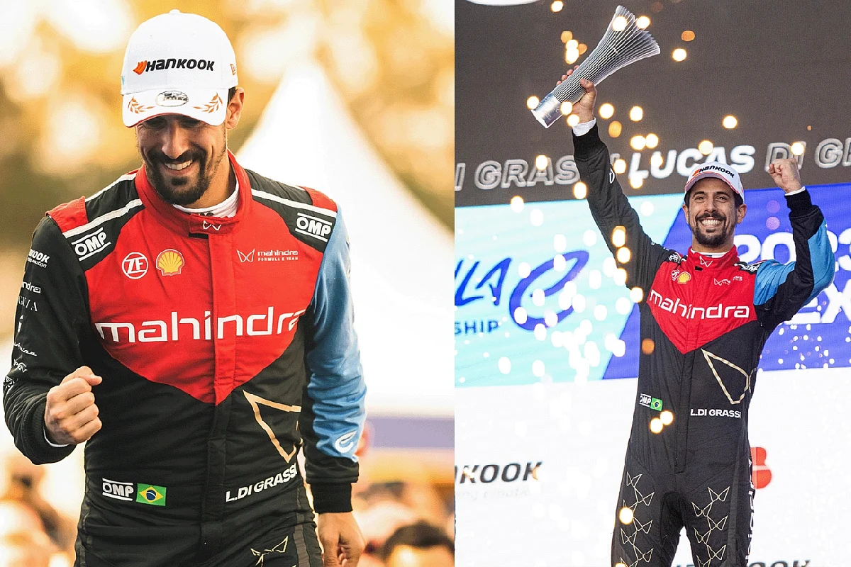 Lucas Di Grassi celebrating his first podium for Mahindra Racing