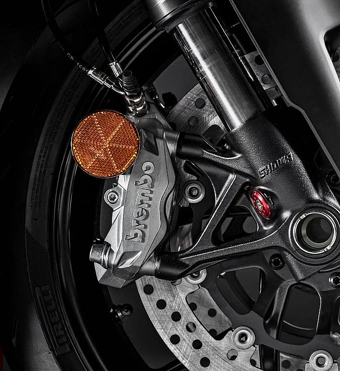 The Brembo monoblock and Showa BPF which encapsulate the front wheel of the V2