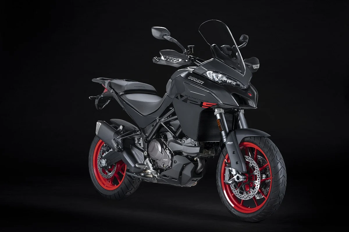 The V2 retains the familiar silhouette and is recognisable as a Ducati adventure-tourer