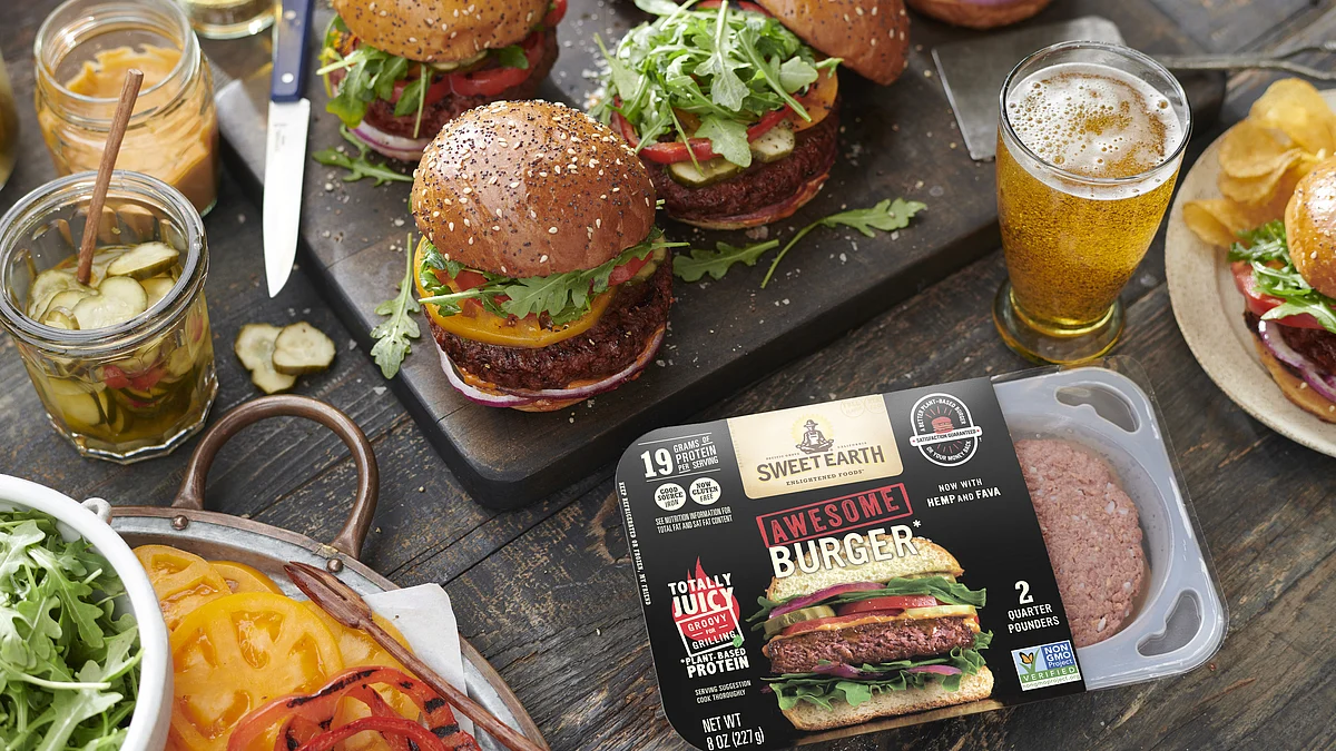Sweet Earth's vegan hot dog & Awesome Burger with fava & hemp